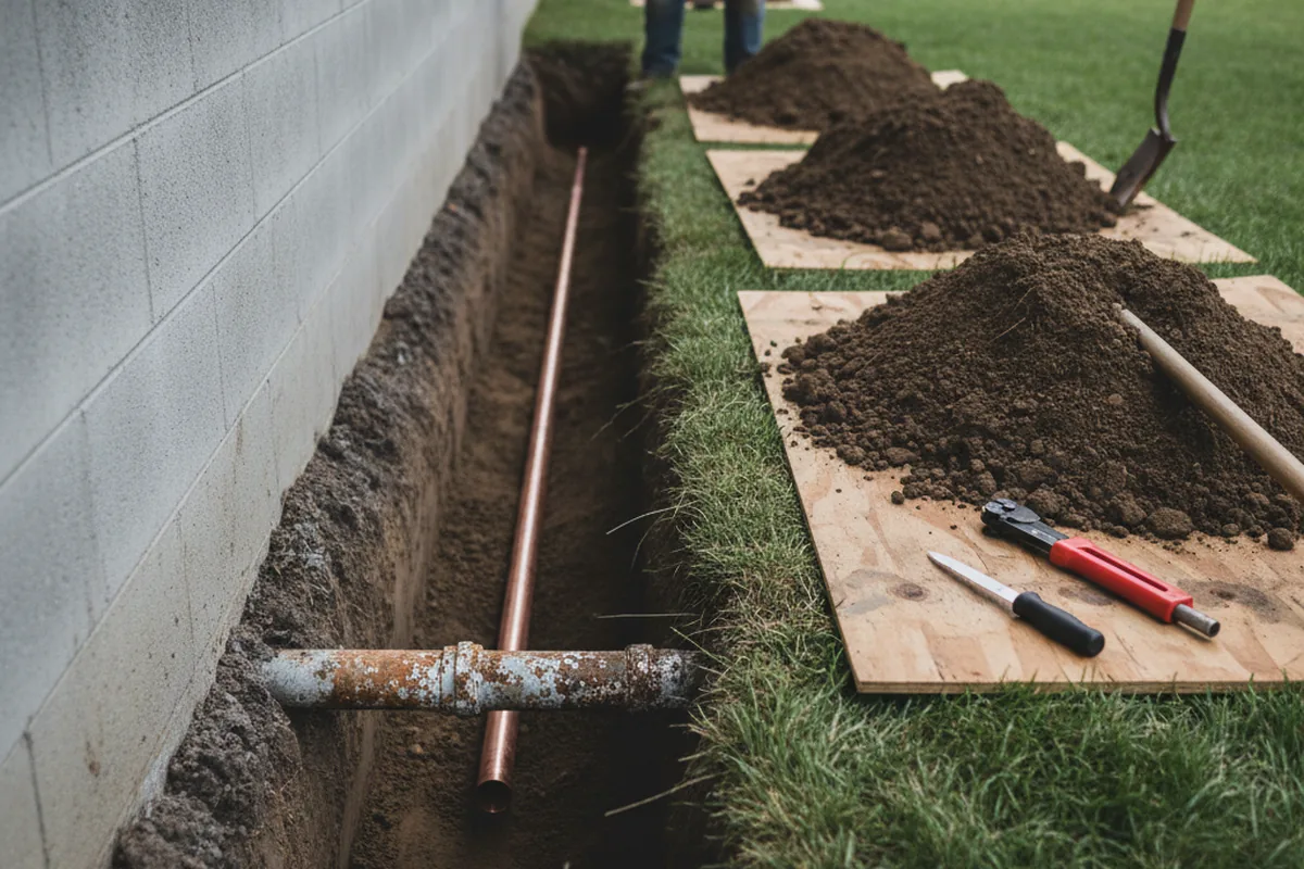 Excavated water line trench during Water Softener Installation in Jordan